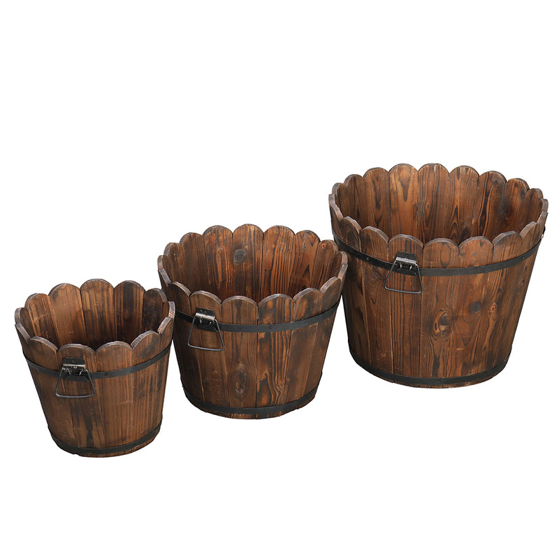 RONSHIN 3PCS Planting Pots Retro Style Outdoor Reinforced Flower-Shaped Wooden Barrels