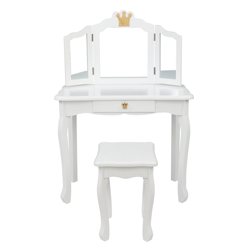 AMYOVE Children Dressing Table 3-sided Foldable Mirror Dressing Table + Chair White