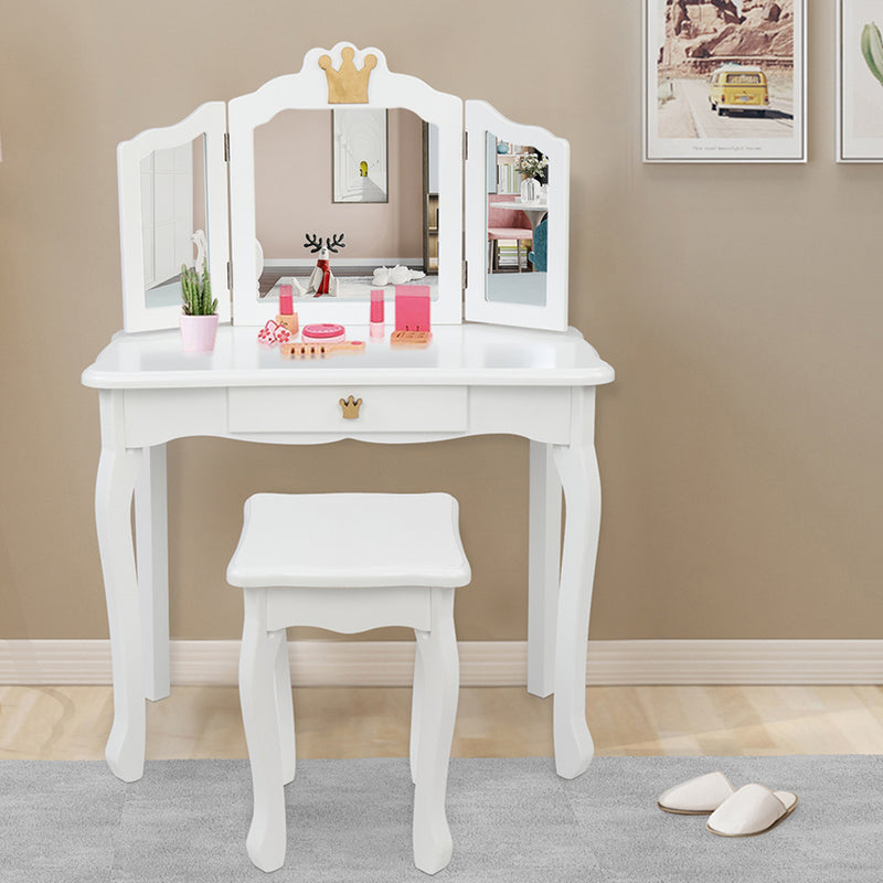 AMYOVE Children Dressing Table 3-sided Foldable Mirror Dressing Table + Chair White