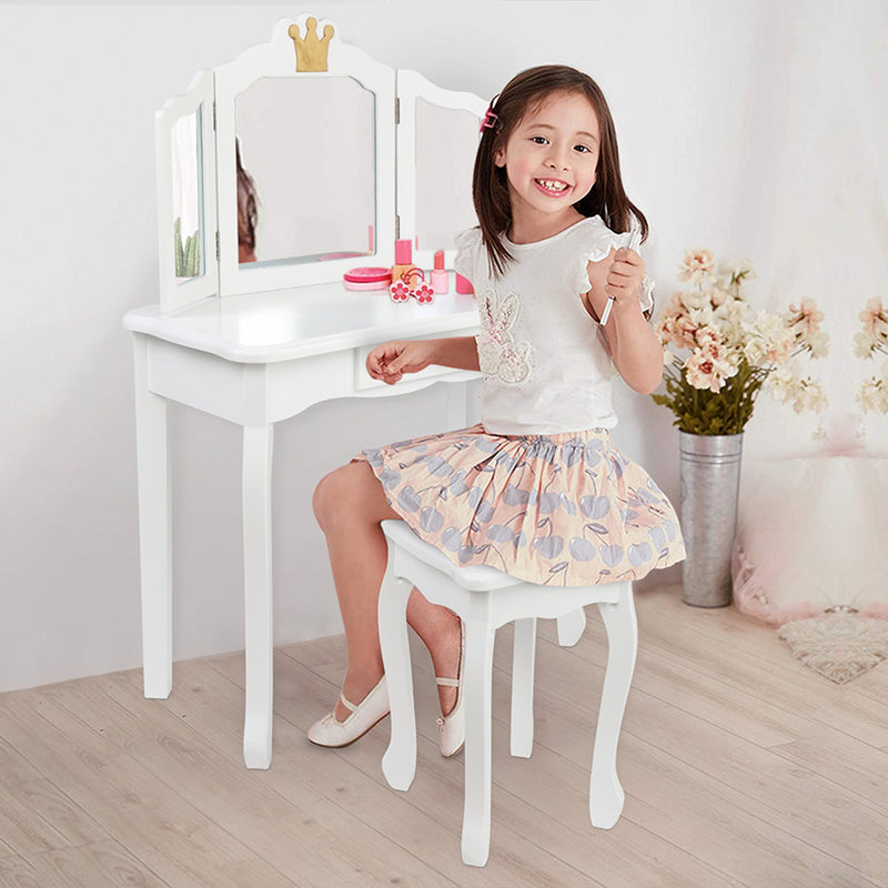 AMYOVE Children Dressing Table 3-sided Foldable Mirror Dressing Table + Chair White