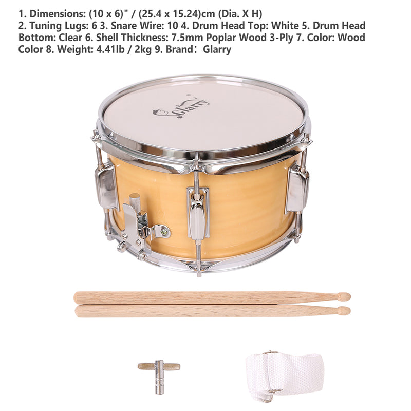 YIWA Snare Drum 10x6 inches Poplar Wood Drum with Drumstick