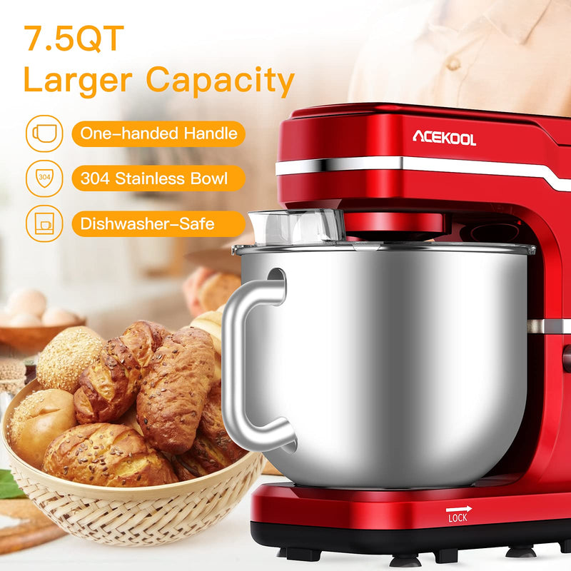 ACEKOOL Mixer MC1 1400W 7.5QT 10 Speeds Tilt-Head Stand Mixer Red UK Plug