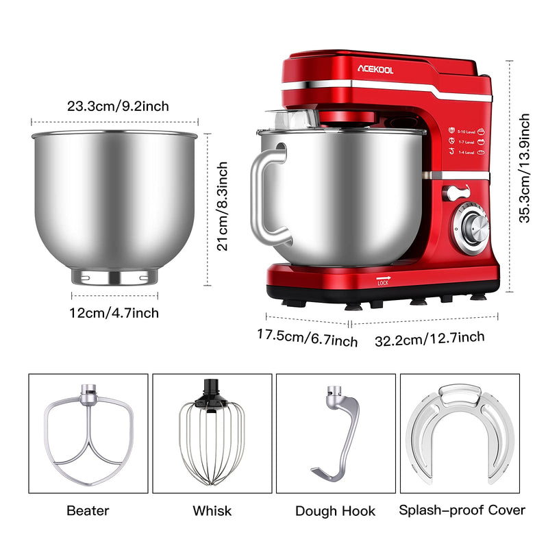 ACEKOOL Mixer MC1 1400W 7.5QT 10 Speeds Tilt-Head Stand Mixer Red UK Plug