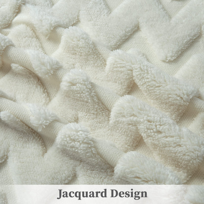 CAROMIO Sherpa Fleece Soft Plush Jacquard Fluffy Throw Blanket Creamy White 60" x 80"