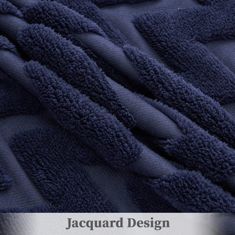 CAROMIO Sherpa Fleece Soft Plush Jacquard Fluffy Throw Blanket Navy Blue 60" x 80"