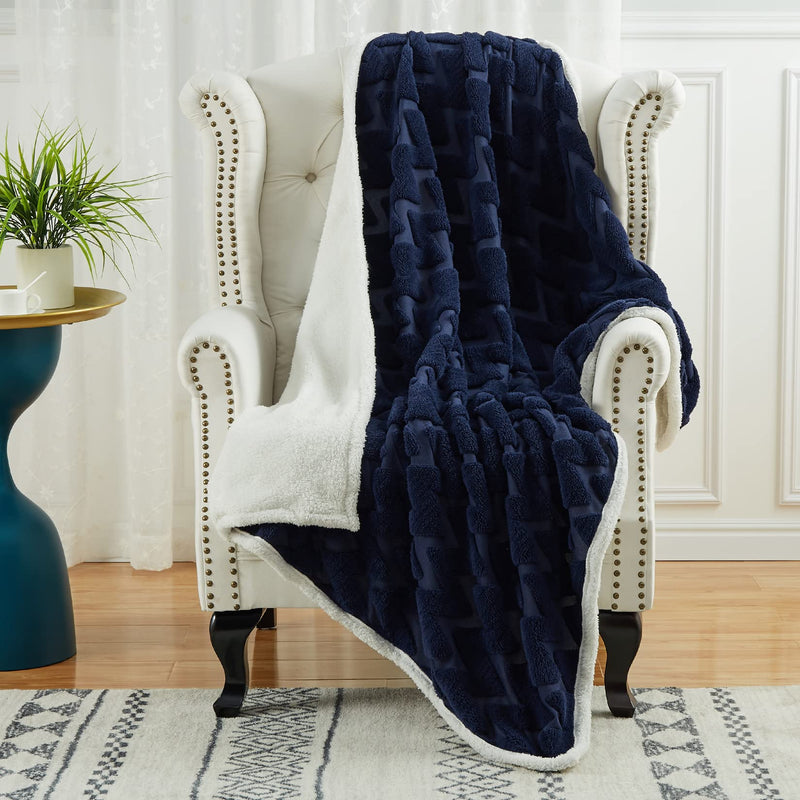 CAROMIO Sherpa Fleece Soft Plush Jacquard Fluffy Throw Blanket Navy Blue 60" x 80"