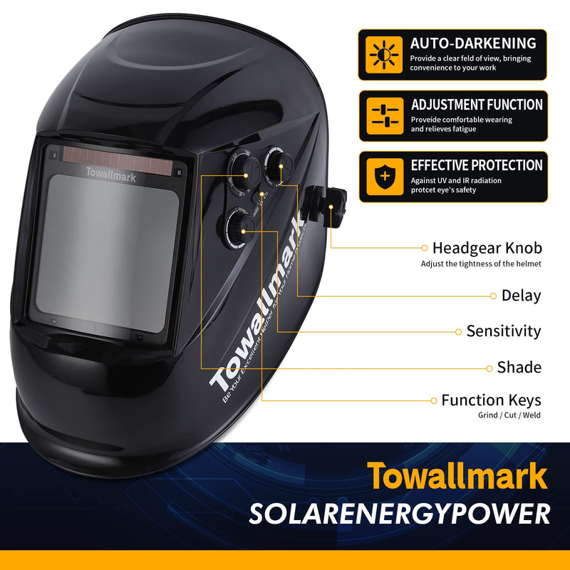 Towallmark Auto Darkening Welding Helmet 3.95”×3.9” Large Viewing Welding Hood