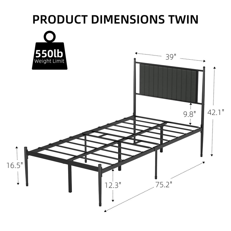 IDEALHOUSE Twin Size Metal Platform Bed Frame with Upholstered Headboard