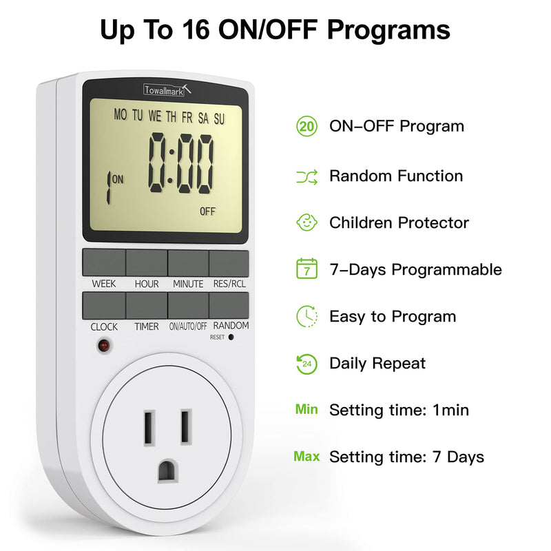 TOWALLMARK Digital Timer Outlet Indoor Plug-in Electric Timer