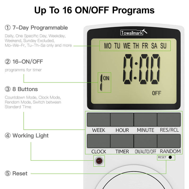 TOWALLMARK Digital Timer Outlet Indoor Plug-in Electric Timer